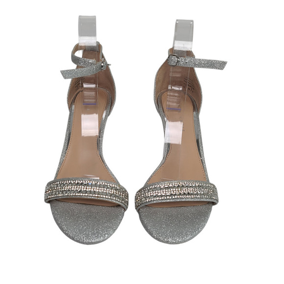 Kellie & Katie Silver Glittery Sandals Ankle Strap Rhinestone Heels Women's 7.5 - Picture 8 of 9